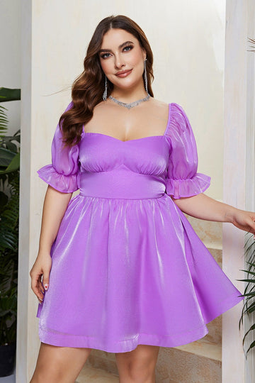 Woochic robe grande taille col carrée manches bouffantes tulle taille haute violet 1XL